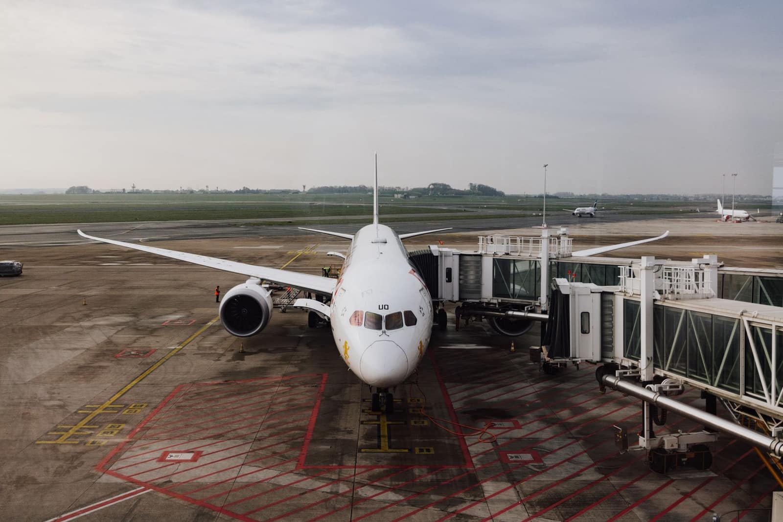 A commercial airplane parked at an airport gate under an overcast sky