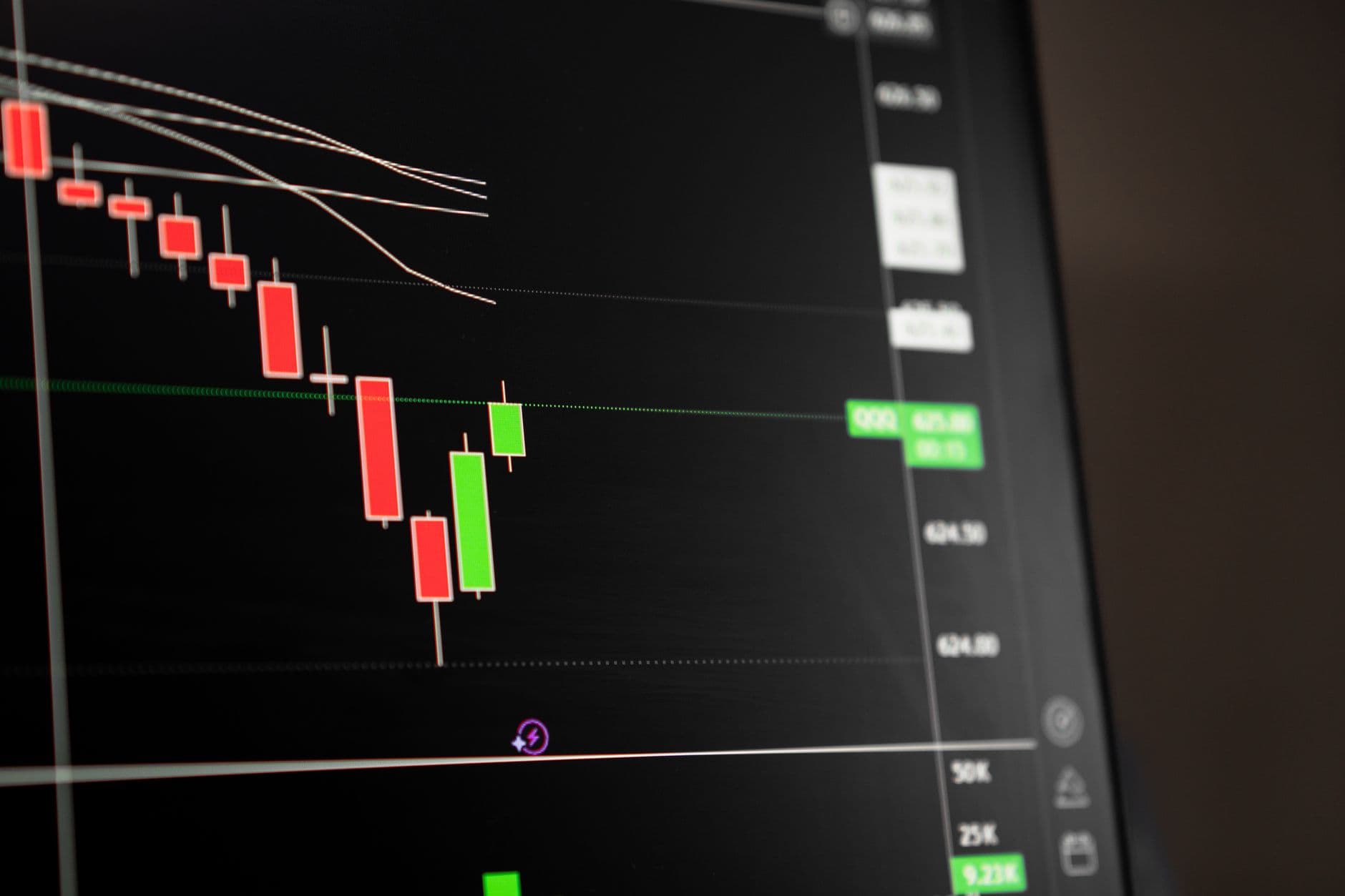 Candlestick chart on a screen showing a downward stock market trend