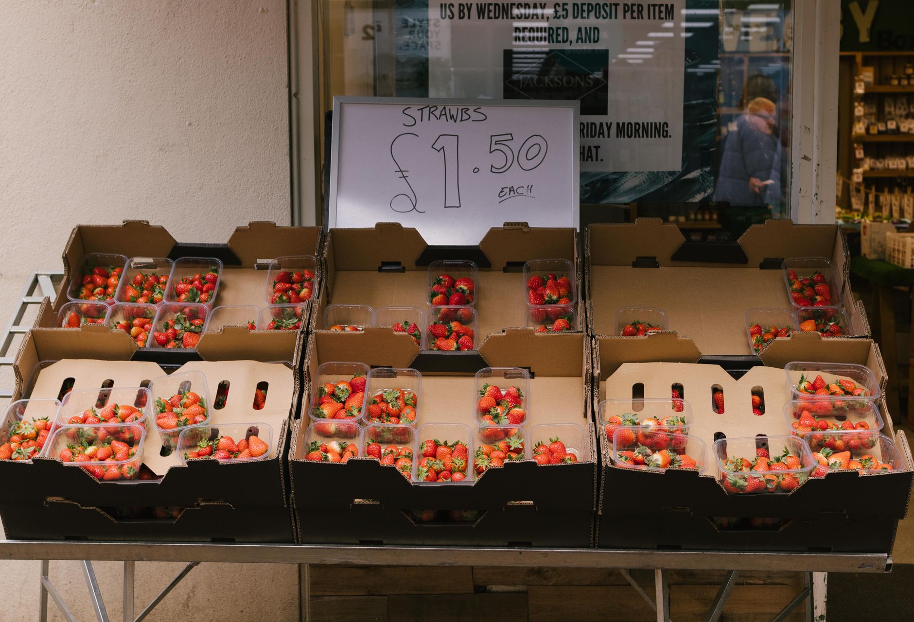 Fresh produce priced for sale at a market stall