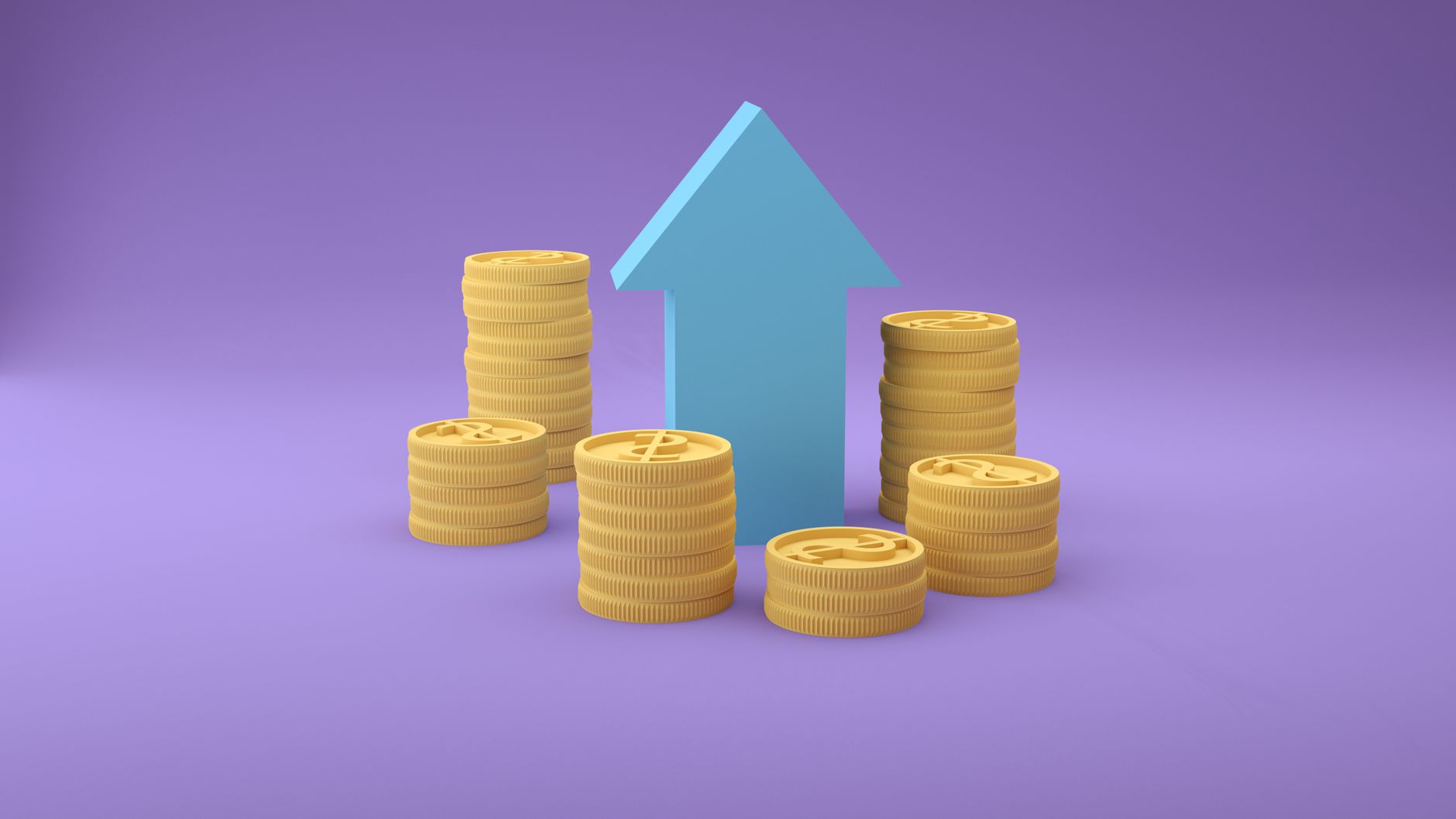 Stacks of coins arranged in ascending order next to an upward-pointing arrow symbol