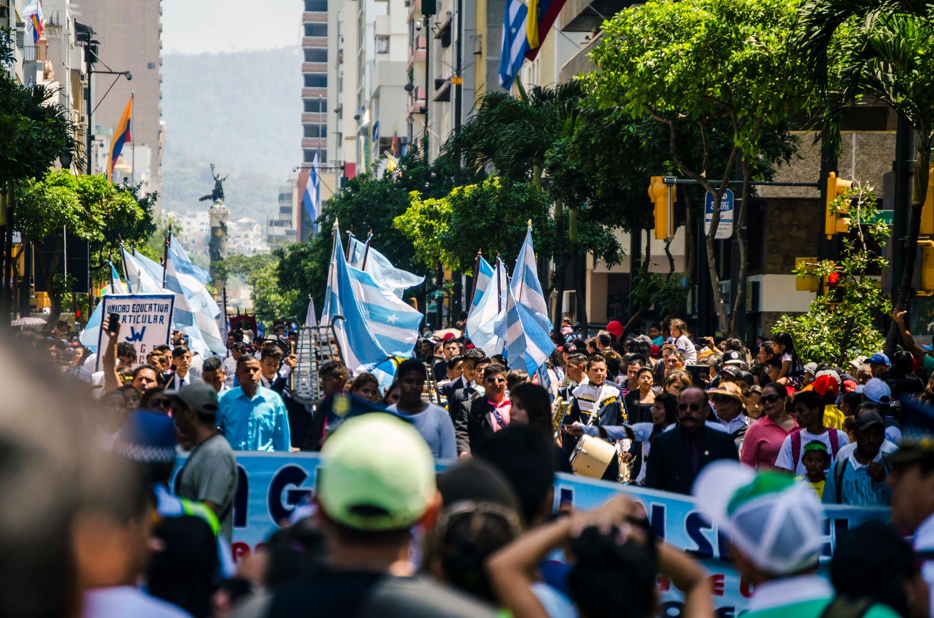 A crowd of people holding flags and signs at an outdoor street protest on a sunny day