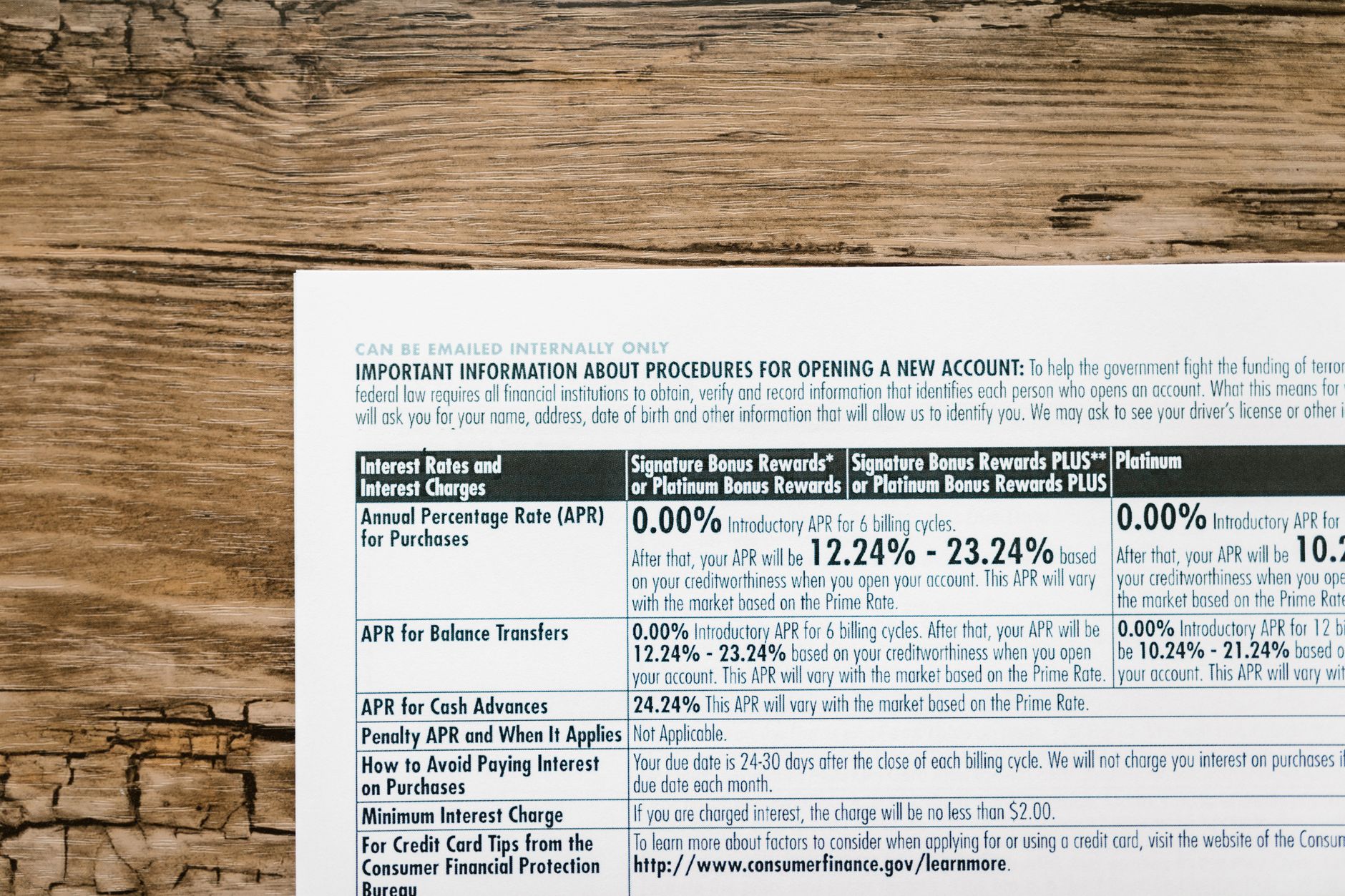 A detailed financial document listing interest rates on a textured wooden table