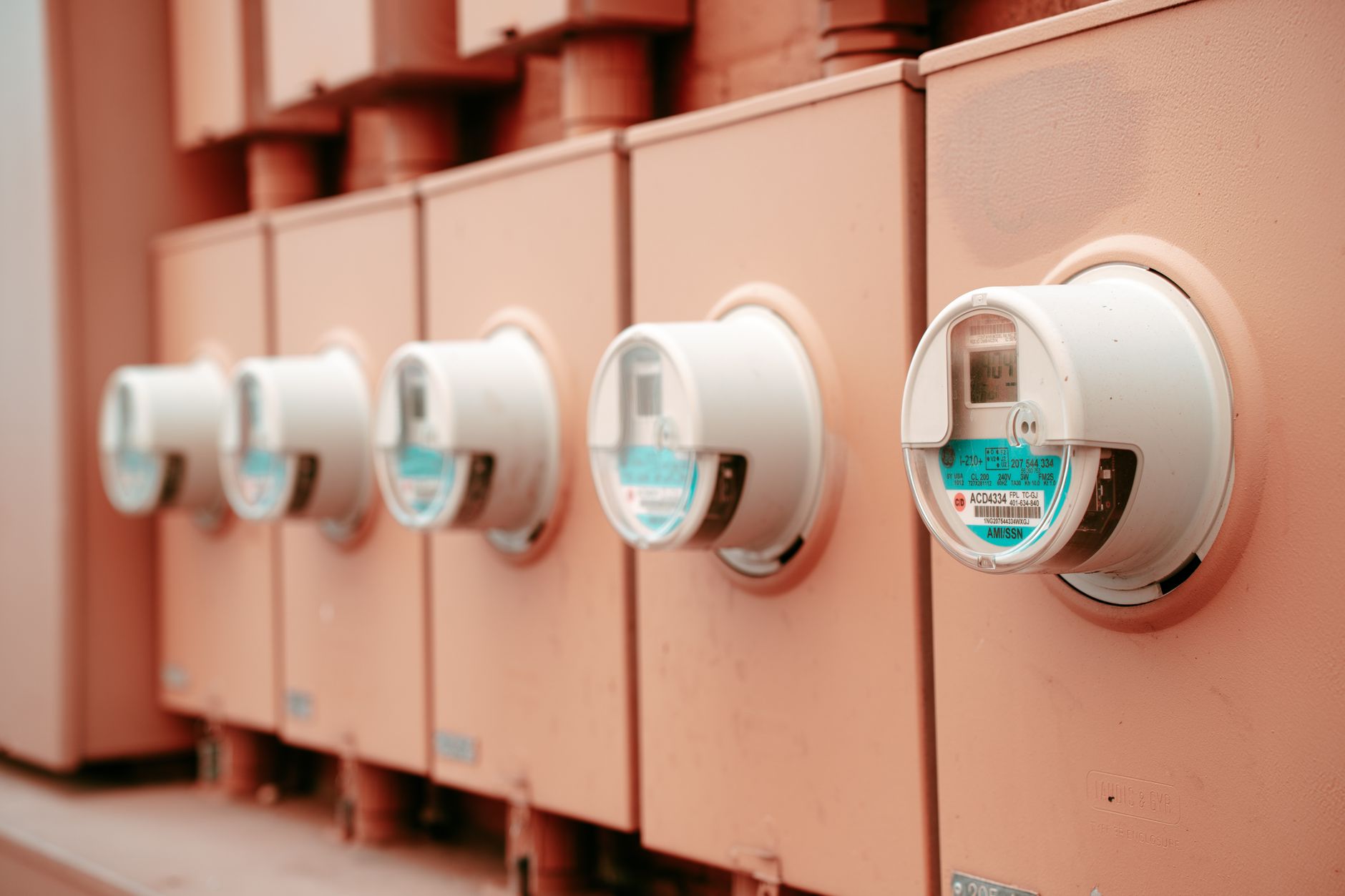 Close-up of a row of industrial electricity meters